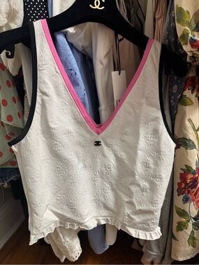 CHANEL White Tank Top with Pink Trim and Black Accents